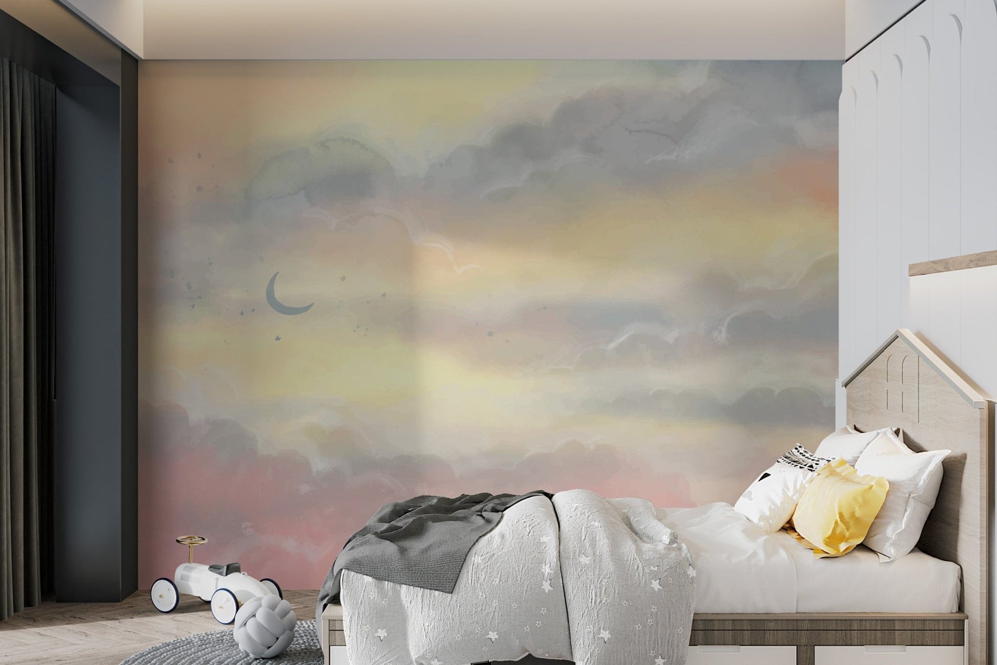 Soothing peach and grey watercolor sky effect wallpaper.