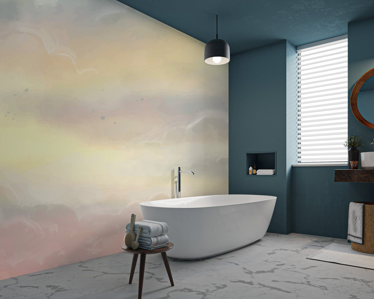 Artistic watercolor clouds wall mural in muted sunset tones.