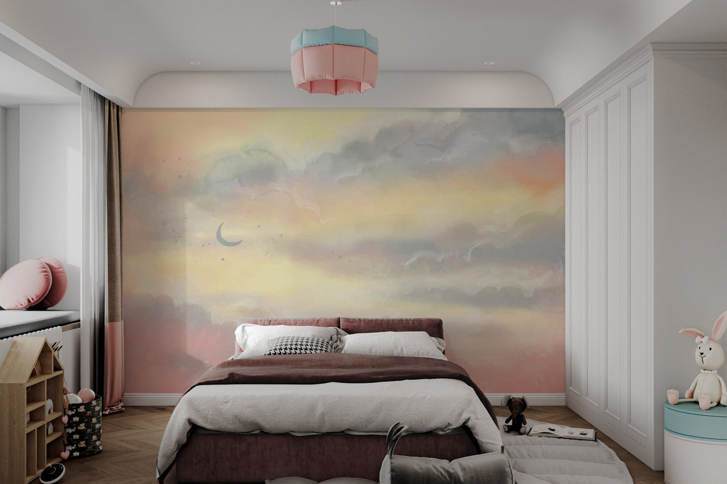 Minimalist crescent moon and colorful cloud artwork wall mural.
