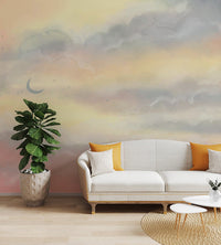 Multi colored artwork watercolor wallpaper with a crescent moon detail.
