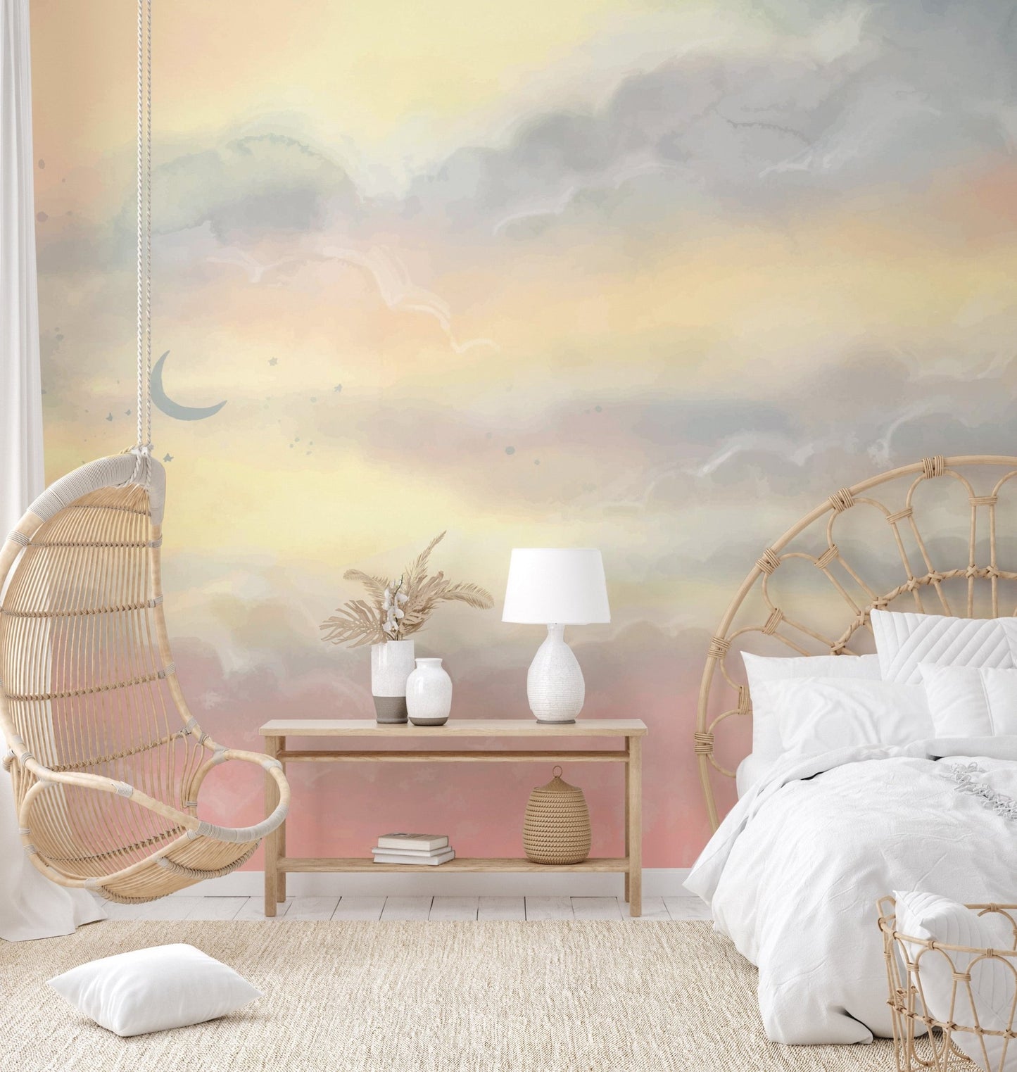Painterly pastel watercolor wallpaper featuring a thin silver moon.