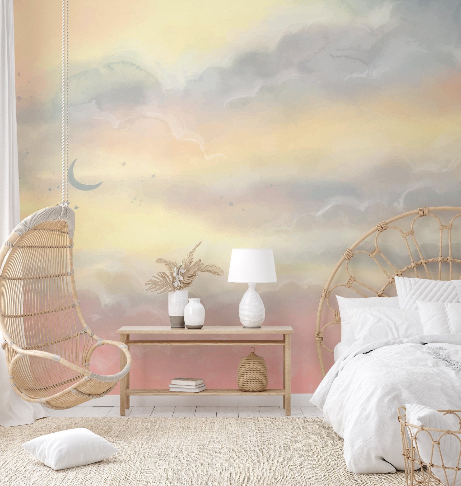 Painterly pastel watercolor wallpaper featuring a thin silver moon.