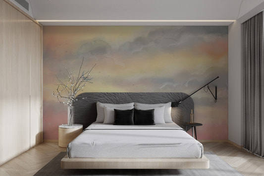 Soft pastel watercolor moon wallpaper with pink and yellow clouds.
