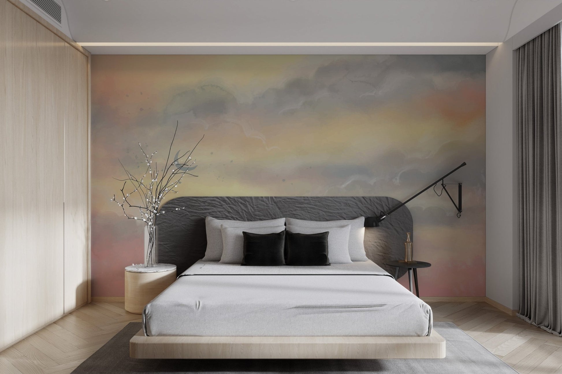 Soft pastel watercolor moon wallpaper with pink and yellow clouds.