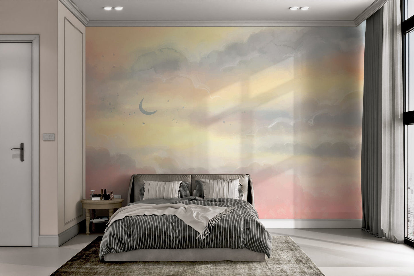 Light pink and yellow sky scenery artwork wallpaper with a small moon.