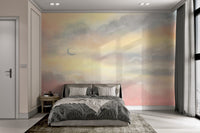 Light pink and yellow sky scenery artwork wallpaper with a small moon.