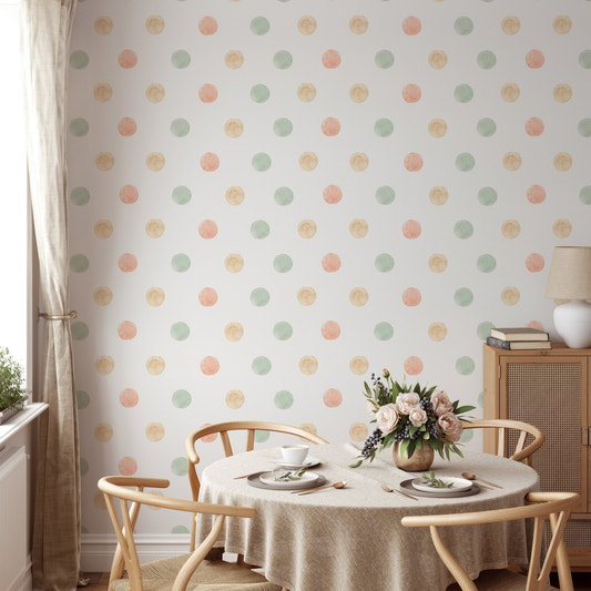 Pastel watercolor polka dots isolated white wallpaper in a dining room with wooden chairs.