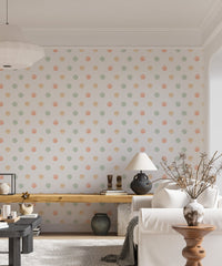 Large living room wallpaper featuring multicolor watercolor polka dots on white.