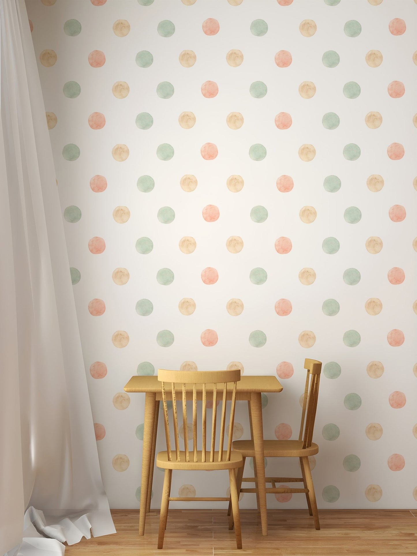 Small dining corner with pastel watercolor polka dots isolated white wallpaper.