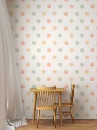 Small dining corner with pastel watercolor polka dots isolated white wallpaper.