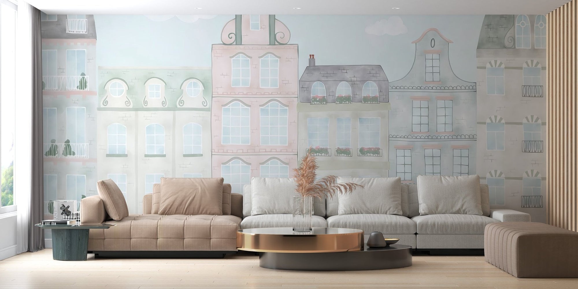 Pastel watercolor kids wall mural with illustrated city houses.