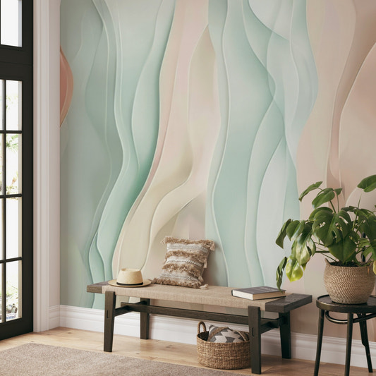 Pastel wavy abstract wallpaper with flowing green and pink silk patterns.