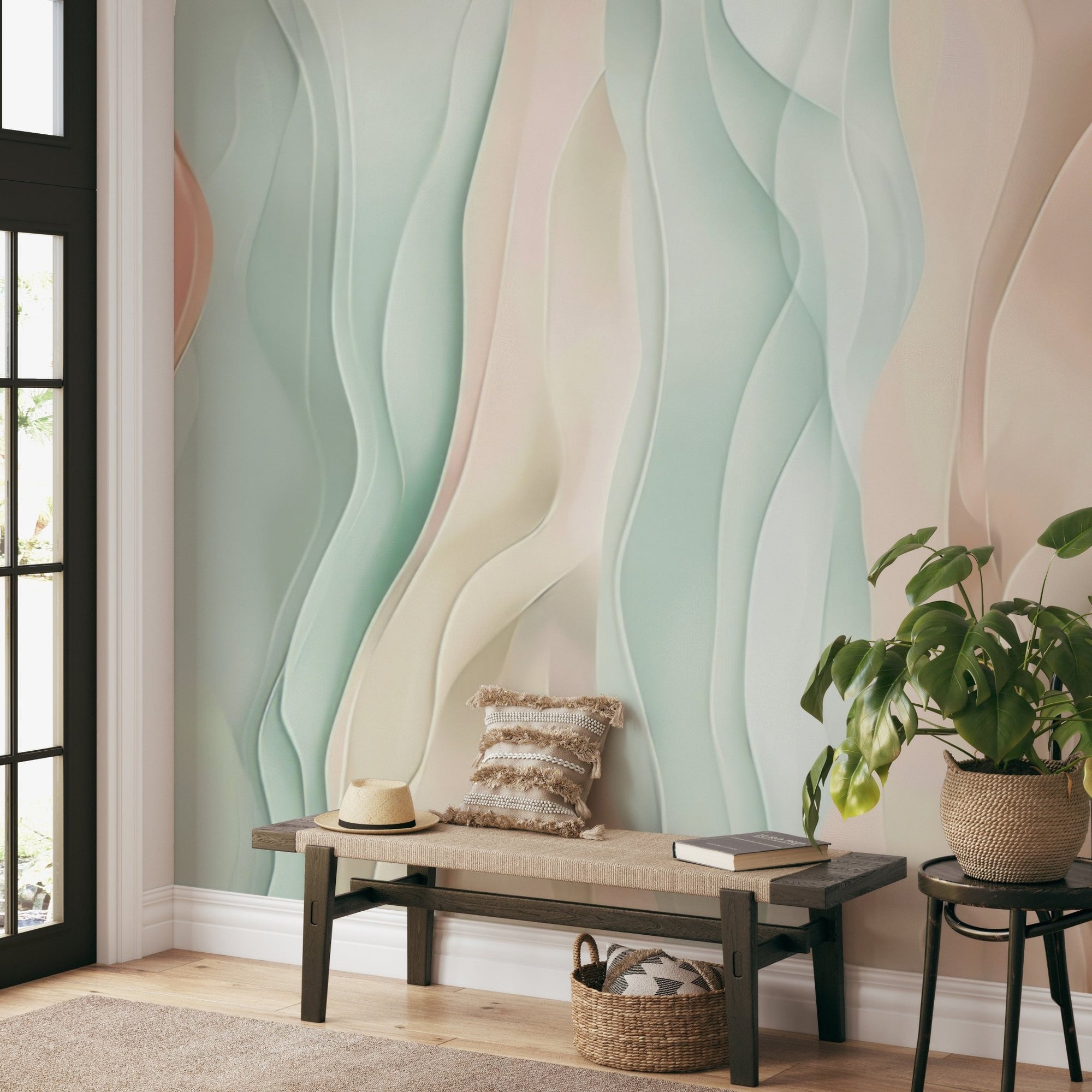 Pastel wavy abstract wallpaper with flowing green and pink silk patterns.