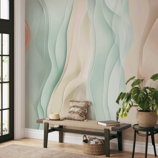 Pastel wavy abstract wallpaper with flowing green and pink silk patterns.