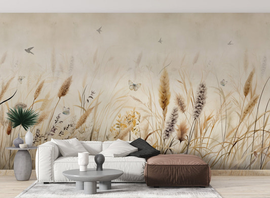 Butterflies flying over grassy wallpaper mural for living room wall.
