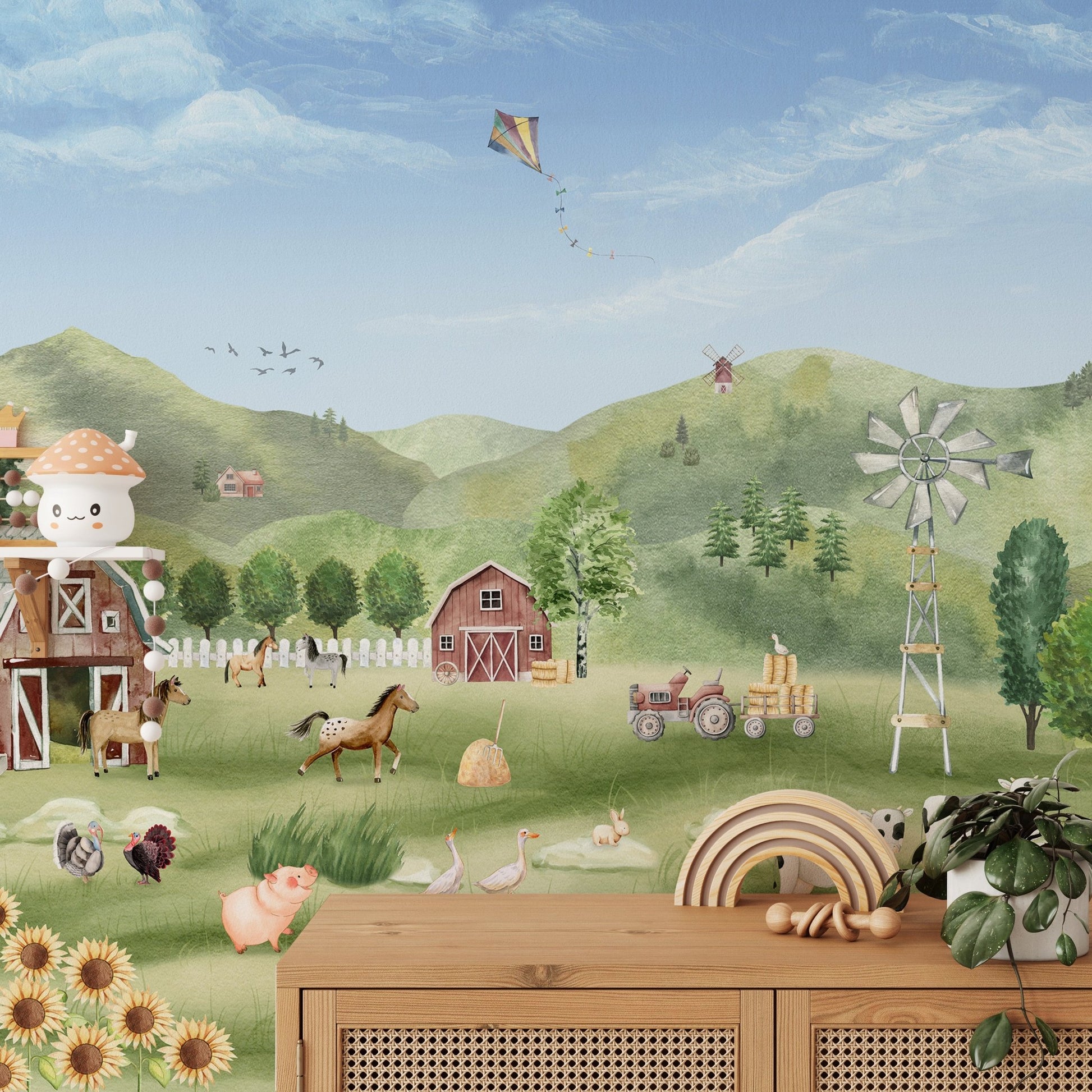Nature-inspired mural capturing a peaceful pastoral farm scene