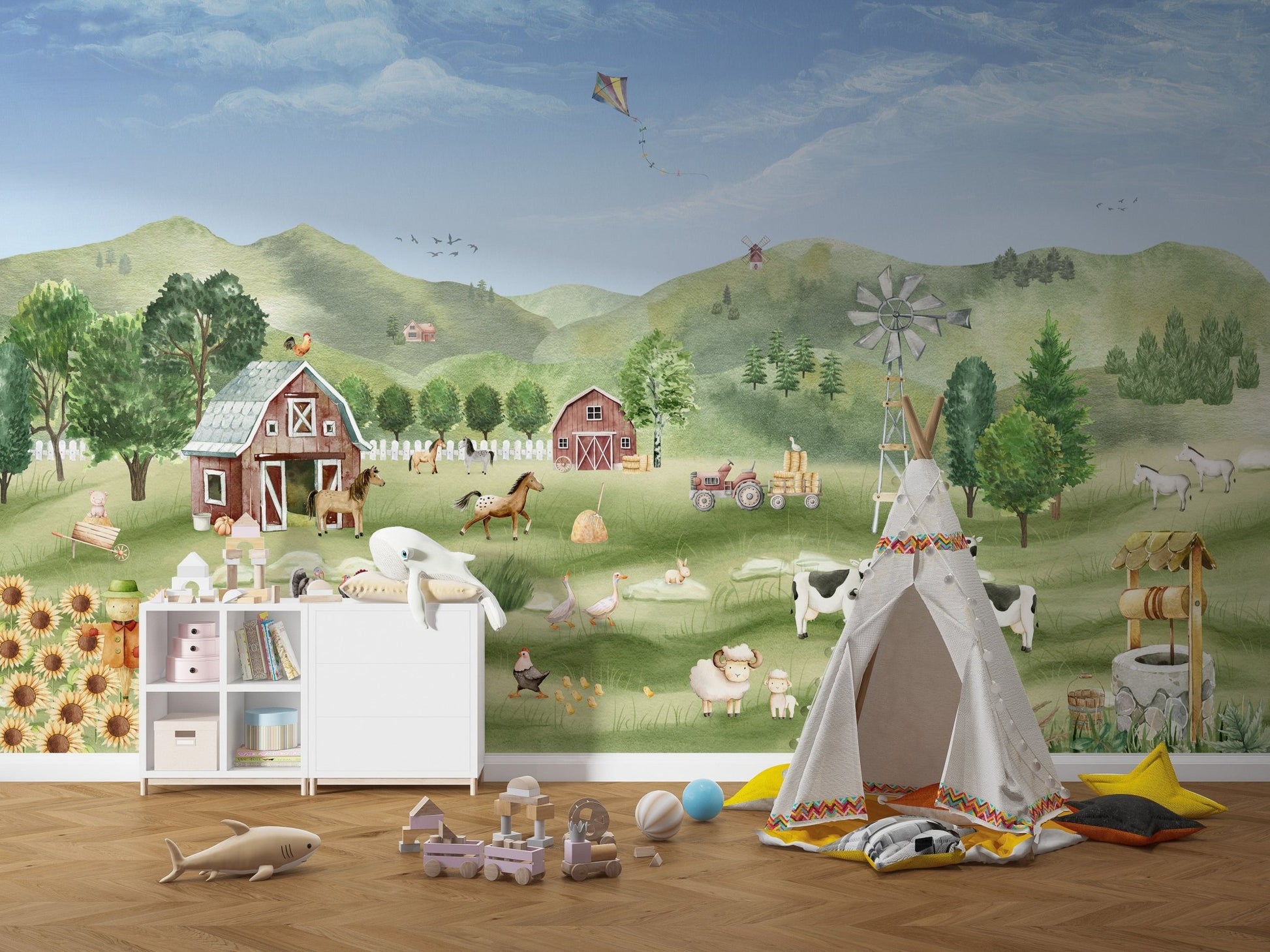 Pastoral farm life mural design for tranquil nursery wall decor.
