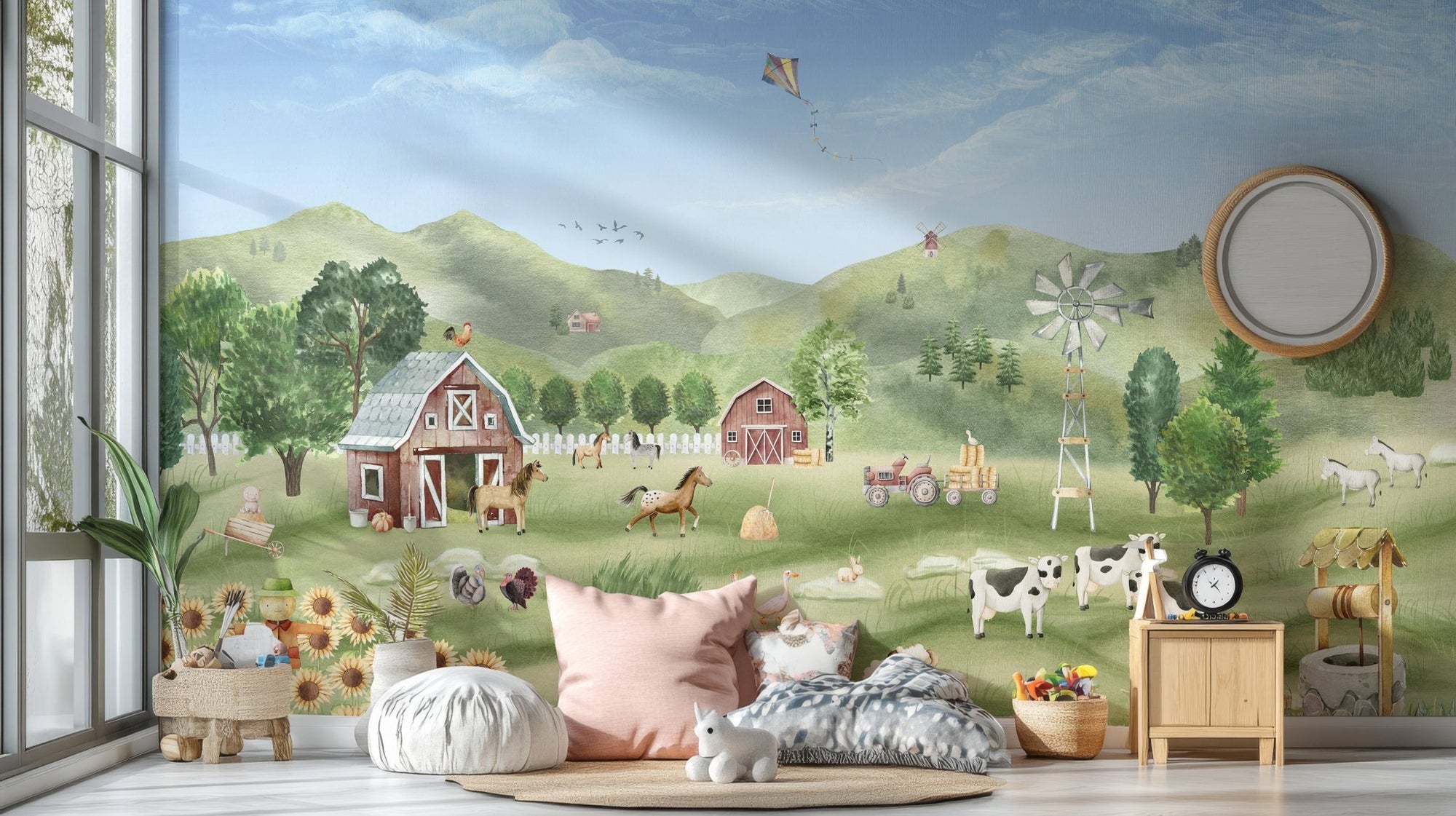 Serene wall mural featuring a pastoral farm life scene on nursery walls.