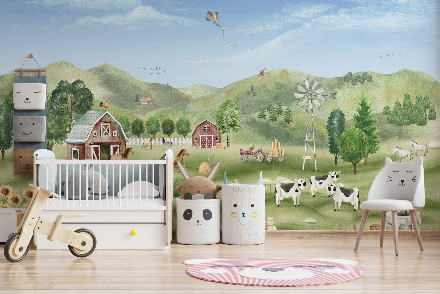 Charming farm-themed mural with a peaceful countryside view in kids room.
