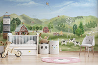 Charming farm-themed mural with a peaceful countryside view in kids room.
