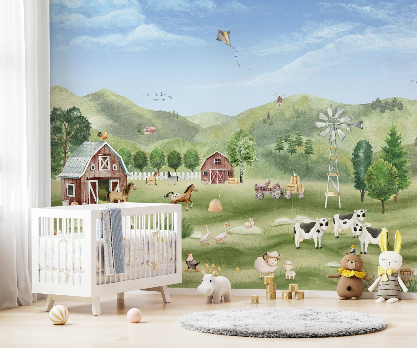 Rustic-themed wall mural with a serene farm life depiction for toddler room.
