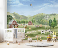 Rustic-themed wall mural with a serene farm life depiction for toddler room.
