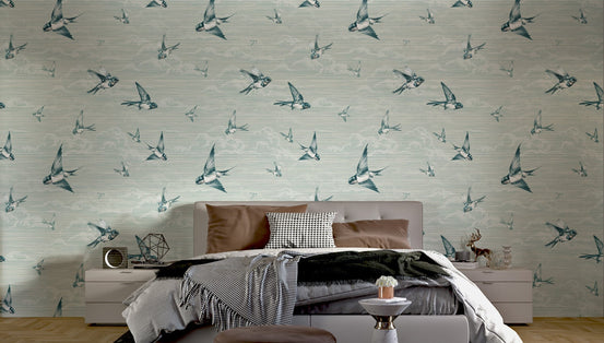 Pale blue bird pattern wallpaper for standard residential bedroom interior.