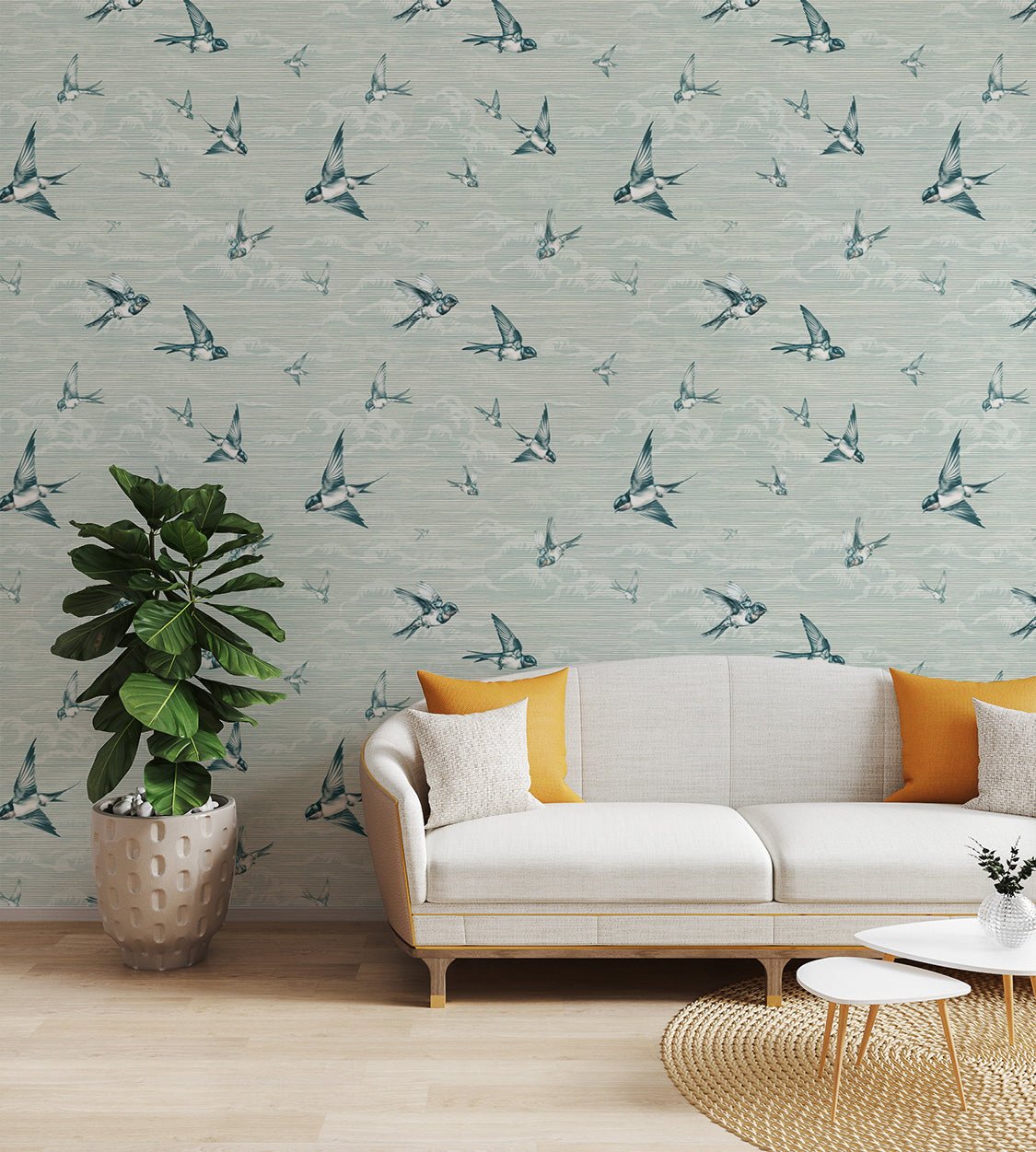 Peaceful Blue Birds Wallpaper for modern flat living room spaces.