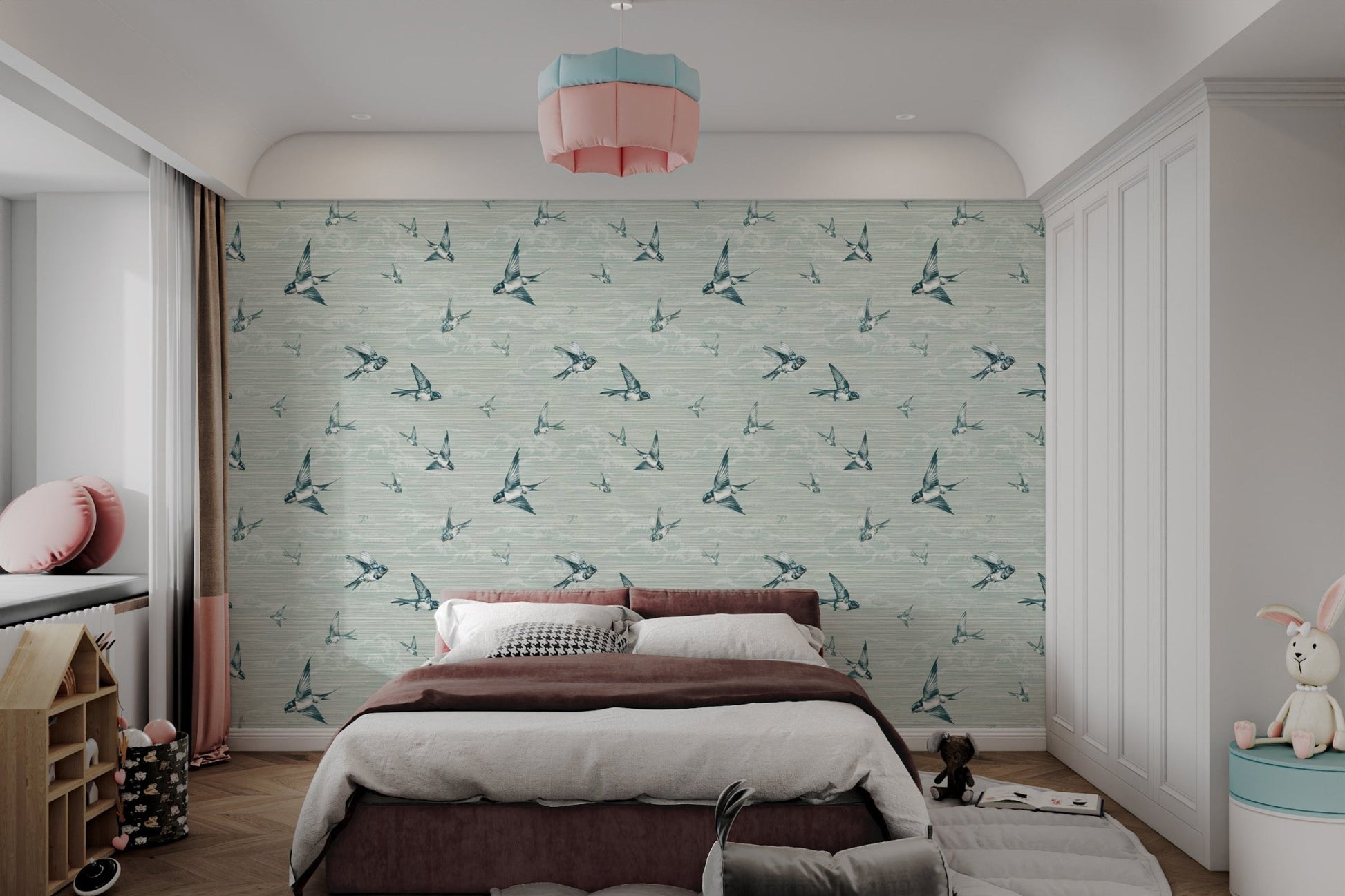 Vintage style flying swallow bird wallpaper for bedroom accent walls.