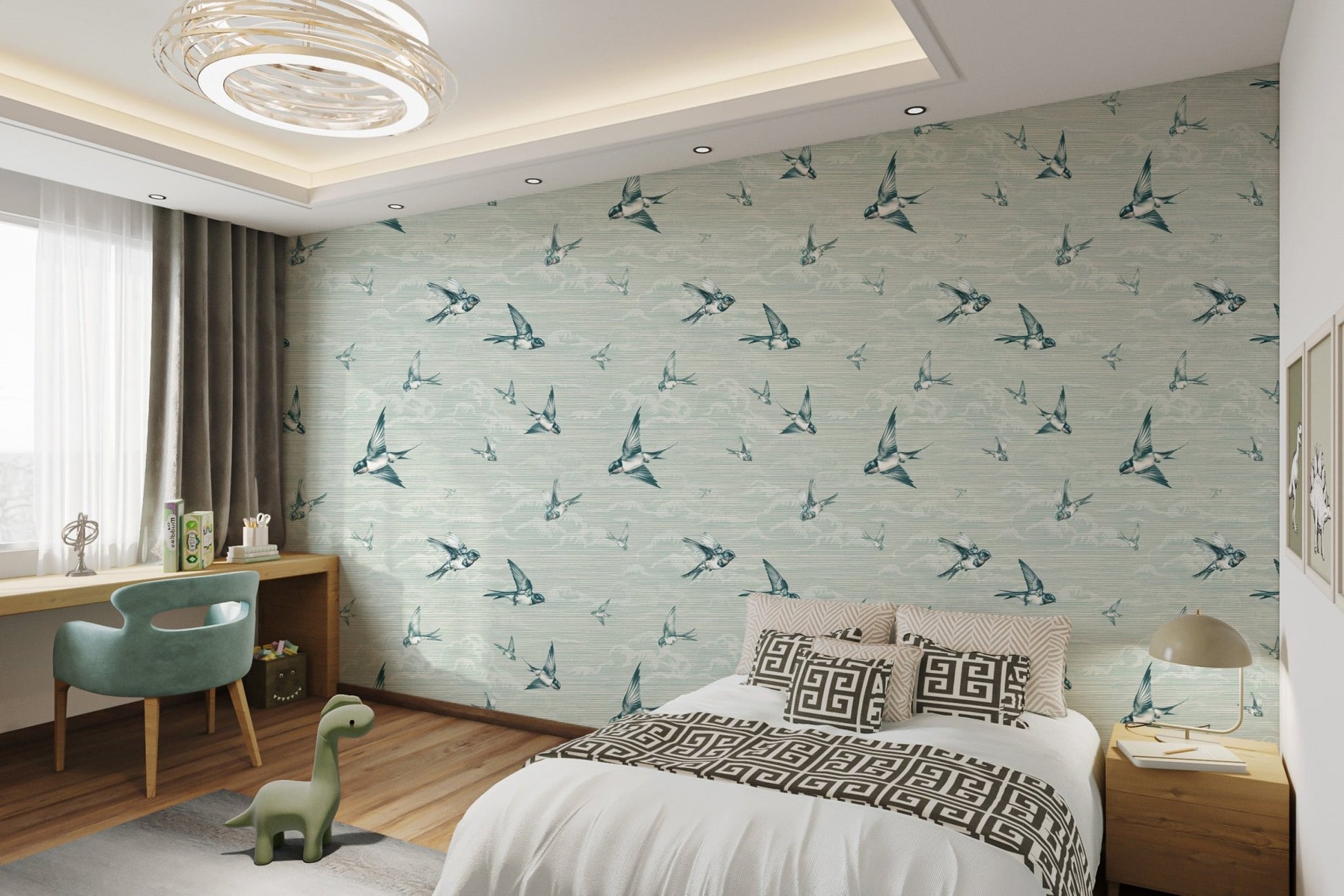 Subtle cloud and bird pattern wallpaper for kids bedroom accent features