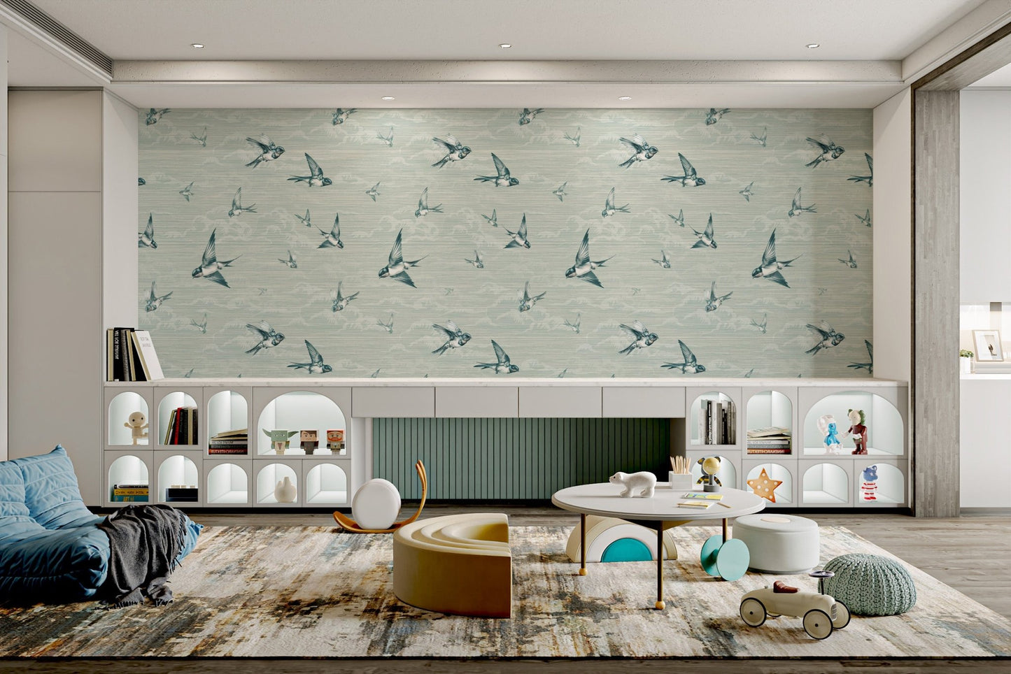Light cyan and grey bird illustration wallpaper for nursery room.
