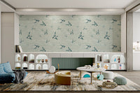 Light cyan and grey bird illustration wallpaper for nursery room.