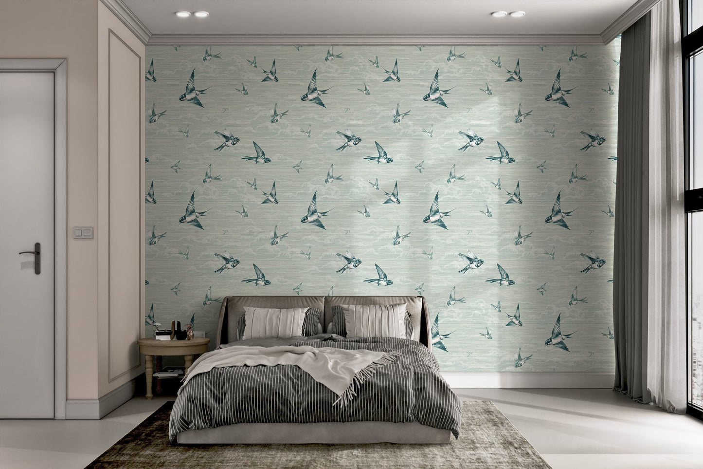 Traditional swallow bird motif wallpaper for master bedroom interiors