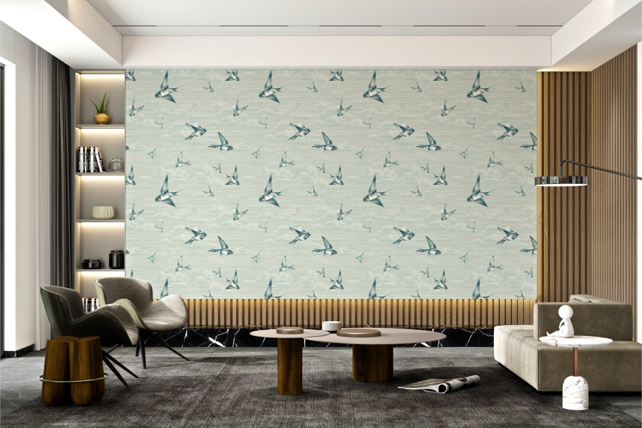 Light blue textured bird design wallpaper for contemporary office.