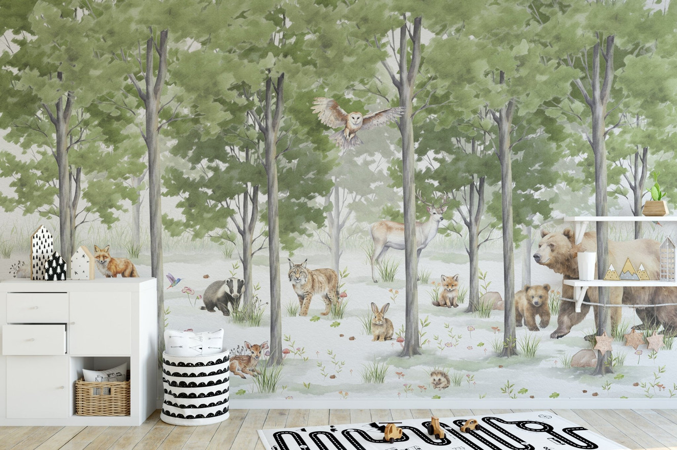 Soft sage and gray forest pattern wallpaper with animals.