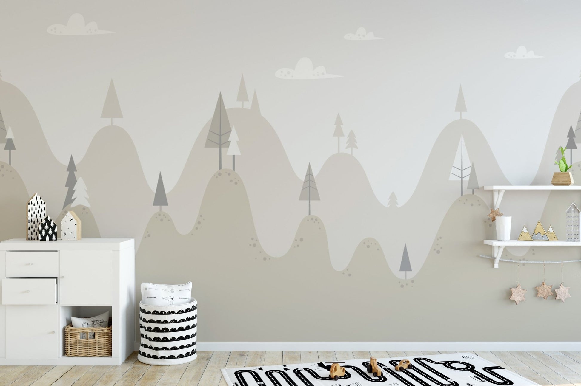 Alpine forest wall mural for a kids room with triangular mountain patterns.