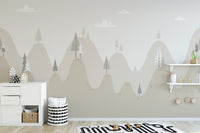 Alpine forest wall mural for a kids room with triangular mountain patterns.