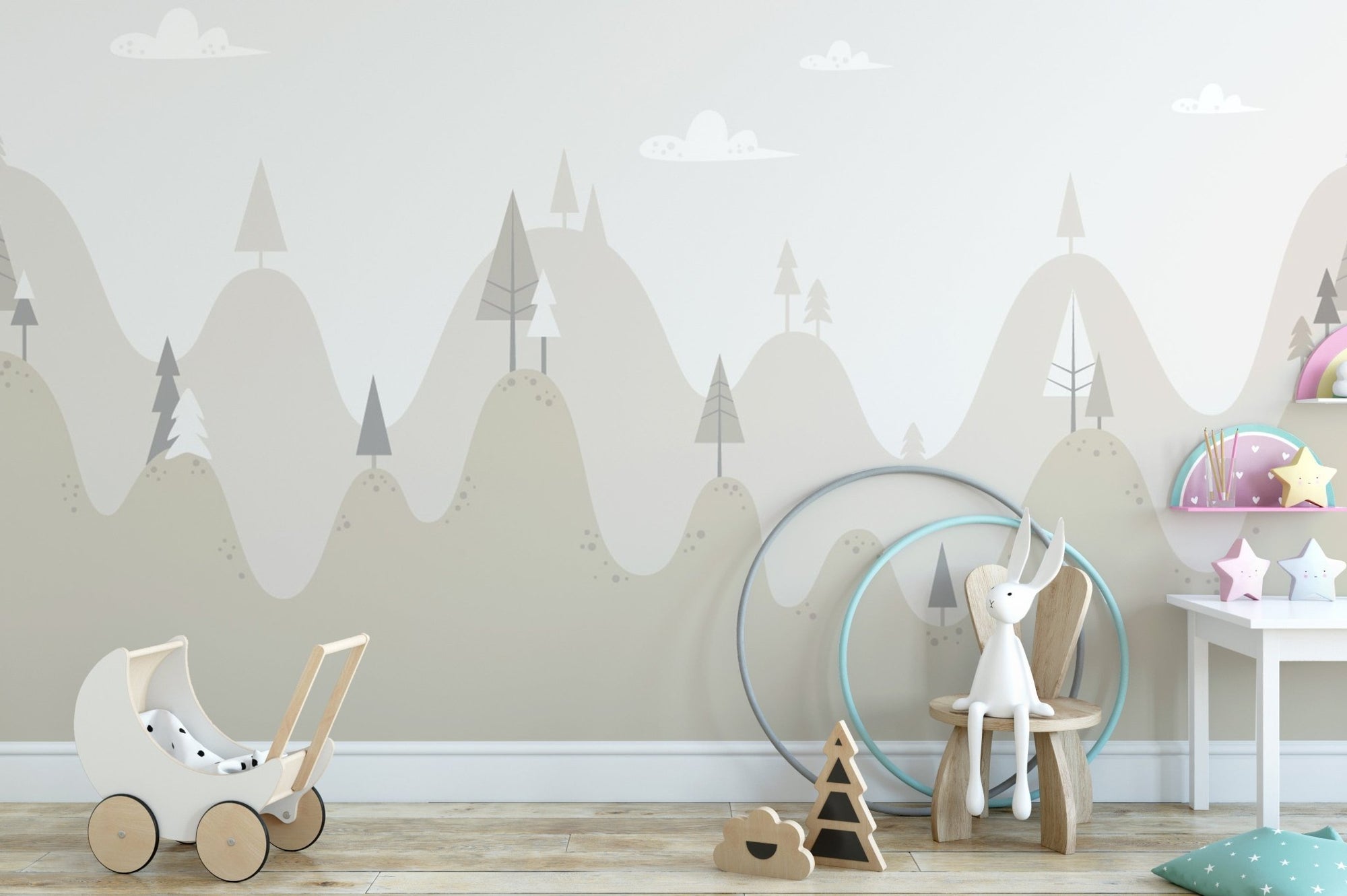 Peaceful Kids Room Mountain Retreat Murals featuring beige hills and pine trees.