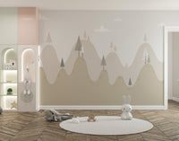 Scandi style mountain wall mural in a playroom with a white circular rug.