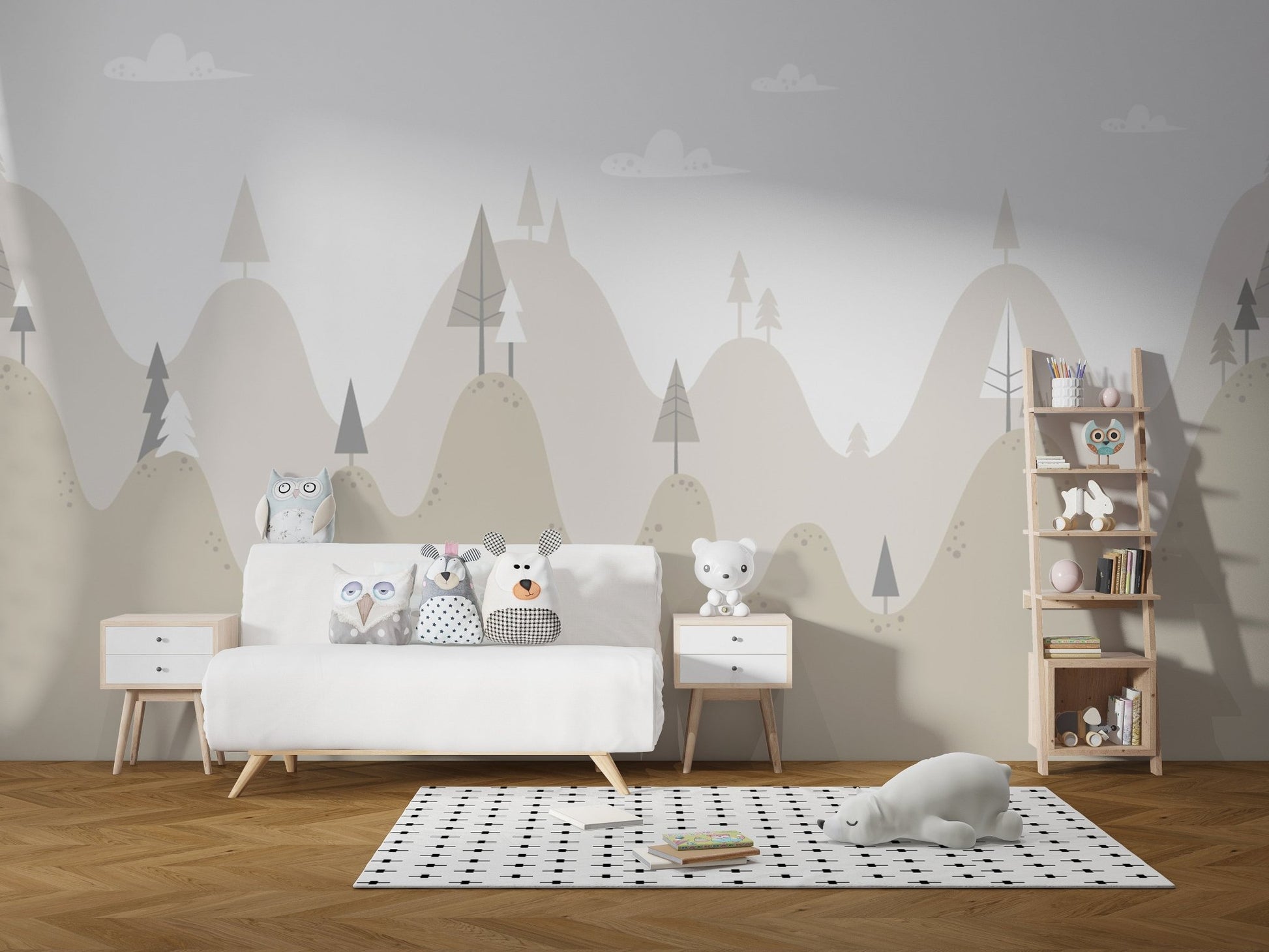 Alpine mountain wall mural in a nursery with a wooden pram and white table.