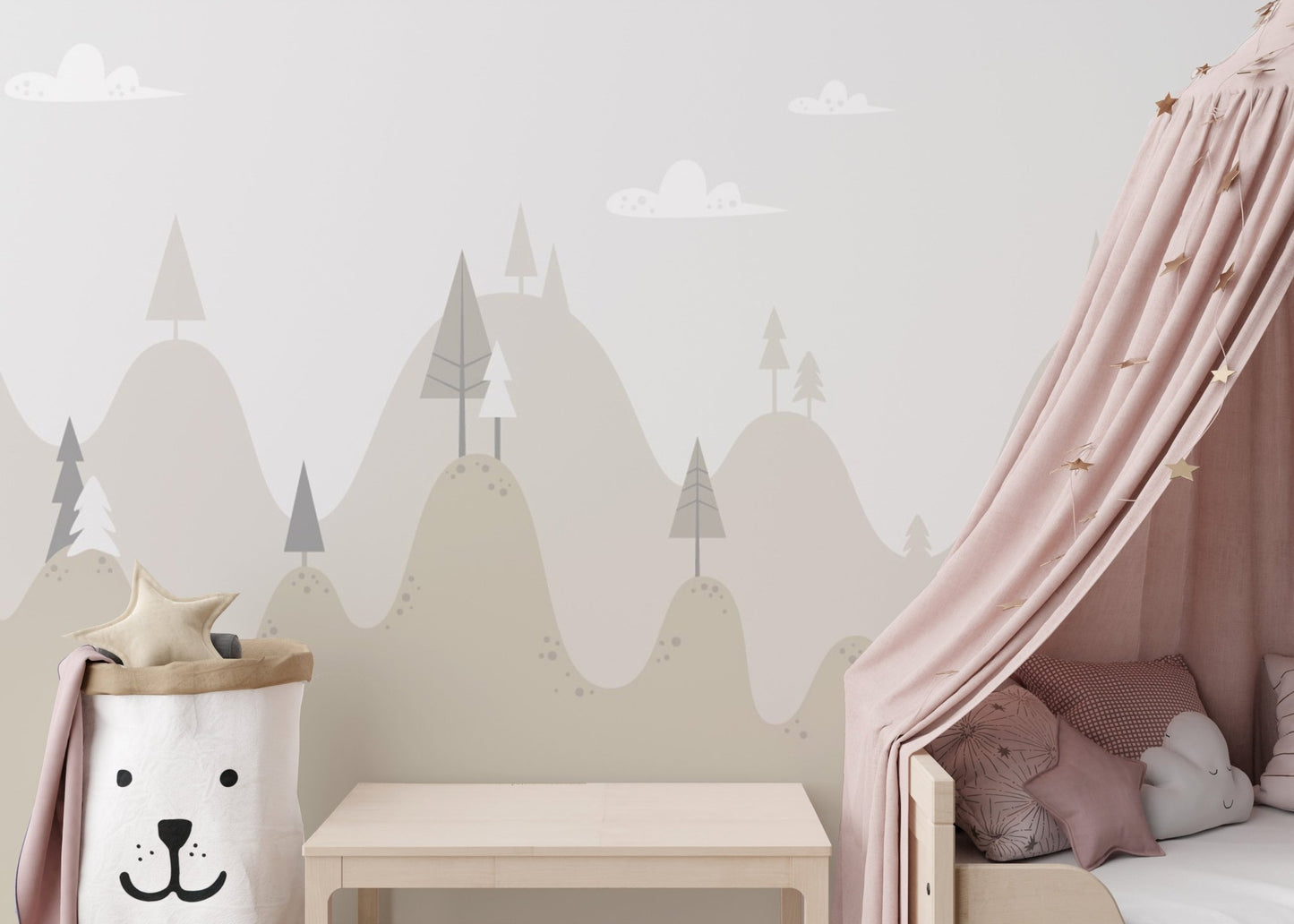 Peaceful Kids Room Mountain Retreat Murals behind a pink canopy bed.