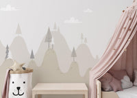 Peaceful Kids Room Mountain Retreat Murals behind a pink canopy bed.