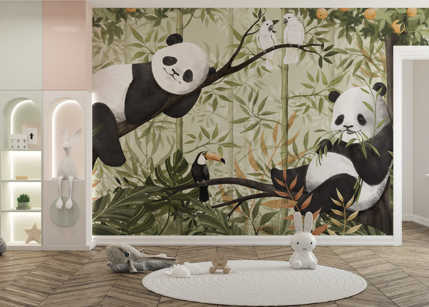 Panda pair and toucan in botanical wall mural.