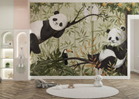Panda pair and toucan in botanical wall mural.