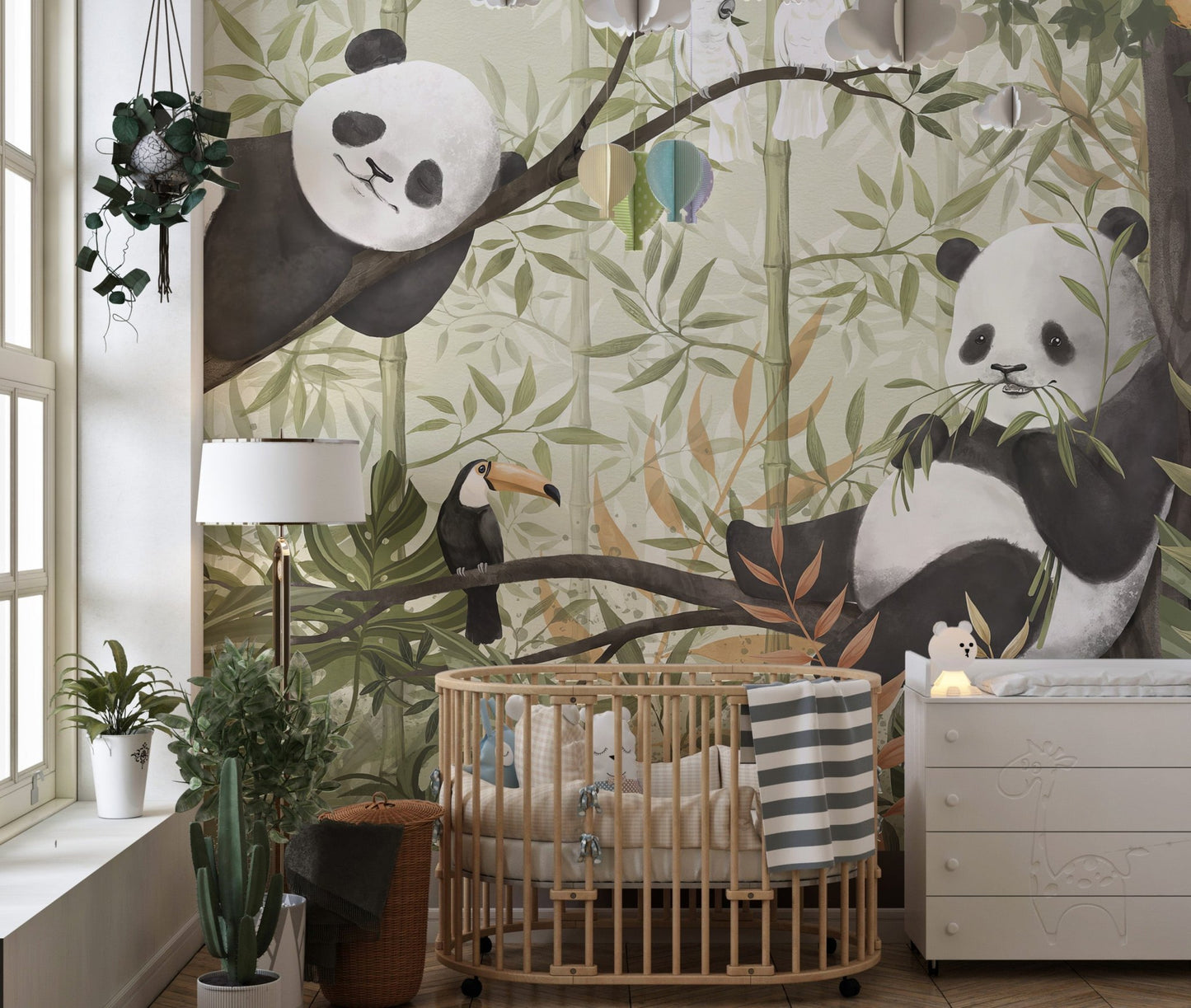 Watercolor panda on branch with bamboo wallpaper.