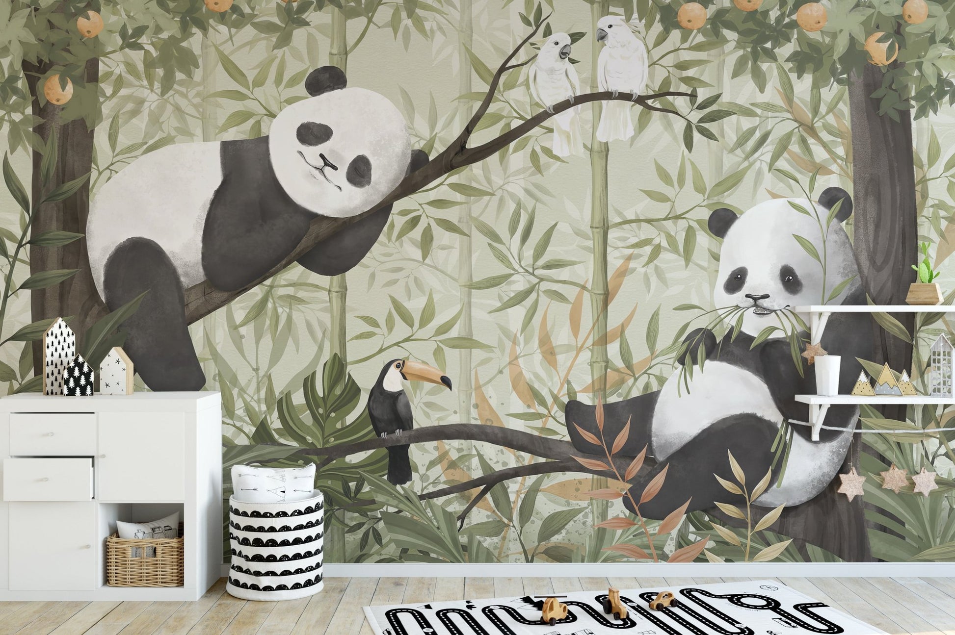 Muted sage foliage with playful panda wall mural.