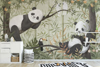 Muted sage foliage with playful panda wall mural.