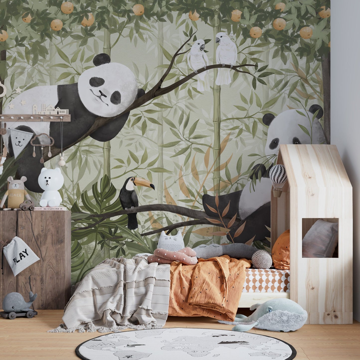 Calm watercolor jungle pattern with pandas wallpaper.