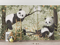 Bamboo grove with pandas and layered leaves wallpaper.