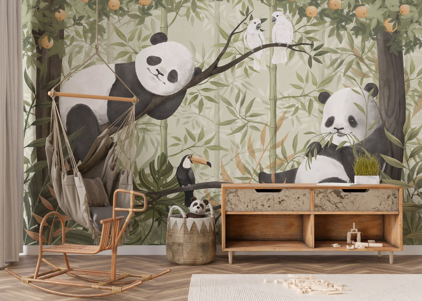 Panda resting in canopy with greenery wall mural.